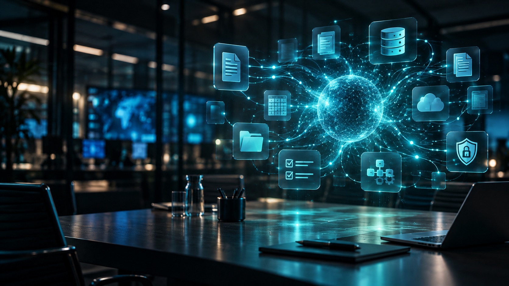 Red de sistemas de empresa conectados por una esfera de inteligencia artificial