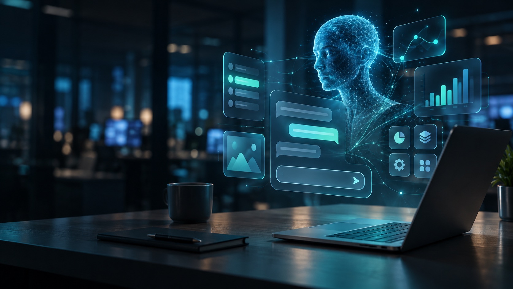 Entorno de trabajo nocturno con una interfaz de inteligencia artificial luminosa